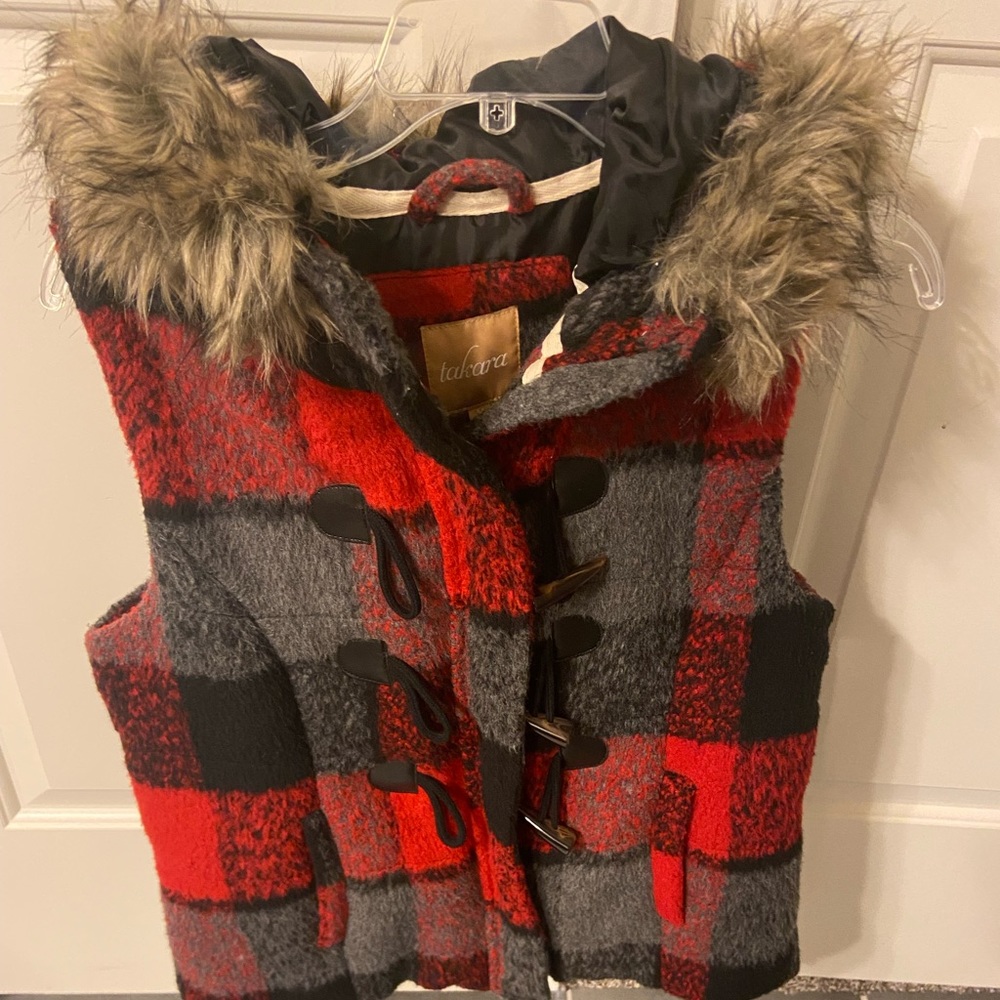 Takara Plaid Vest with Furry Hood, zipper and buttons